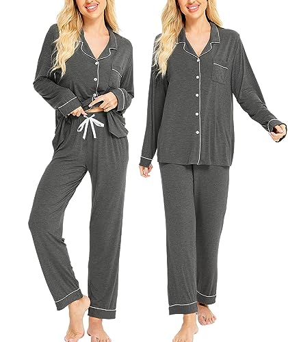 Image of SWOMOG Womens Pajamas Set Long Sleeve Sleepwear Button Down Nightwear Soft Cotton Pj Lounge Sets