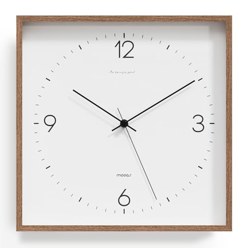 Image of mooas Wooden Frame Flatwood Wall Clock, 12 inch Battery Operated (Dark Brown) | Non-Ticking Sweep Movement Decorative Wall Clock for Home Living Room Kitchen Bedroom Office School