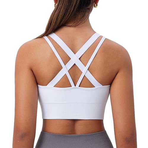 Image of BLUELILY Sports Bra for Women Medium Support Criss Cross Strappy Bras Seamless Padded High Impact Yoga Athletic Exercise Bras