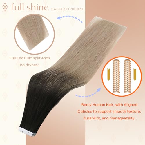 Image of Full Shine Human Hair Extensions Tape in, Black Dirty Blonde Ombre 16 Inch | 50g 20PCS Straight Invisible Tape in Hair Extensions, Straight Remy Finish Seamless Skin Weft Wedding Styling