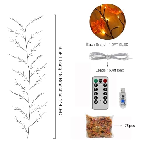 Image of Cherry Blossom Lights with 72 Maple Leaves, Wall Light White Decorative Tree Light for Bedroom & Living Room, Flexible Branch Wall Decor, Decorative Fairy String Lights