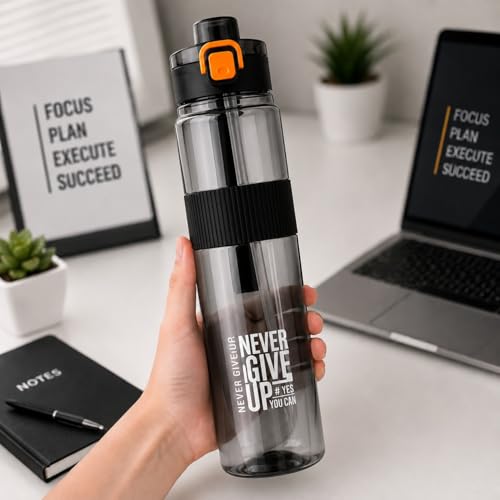 Image of Motivational Sports Water Bottle 1000ml BPA-Free Plastic Bottle with Flip Lid & Straw Reusable Leakproof Drinking Bottle for Gym, School, Office, Home & Outdoor Activities (black, pack of 1) (black)