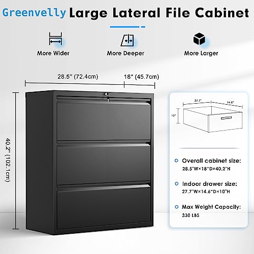 Greenvelly 3 Drawer File Cabinet with Lock Metal Lateral Filing Storage Cabinet for Home Office, Black Steel Lateral File Drawers, Wide File Cabinet Office Furniture for A4 Legal/Letter Size