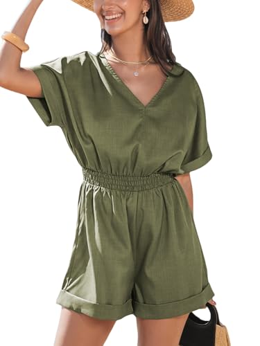 CUPSHE Damen Jumpsuit V-Ausschnitt Strampler Kurze Ärmel Weite Beine Gesmokt Taille Overall Sommer Strand Playsuit Olivg...