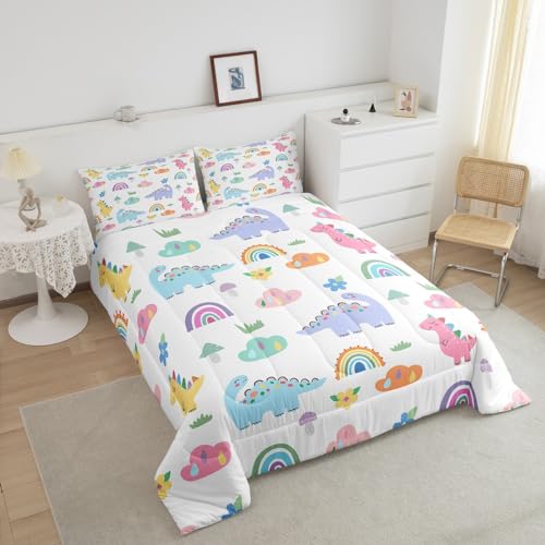 Image of Feelyou Cartoon Dino Kids Baby Comforter Set Full Size Jungle Dinosaur Animals Comforter Cute Colorful Rainbow Dino Girls Comforter Set Boys Nature Wildlife Duvet Set Nursery Toddler Quilt Set