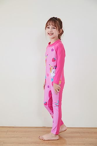 Image of Girls Swimsuits Long Sleeve Rash Guard Swimwear with Matching Cap One-Piece Bathing Suits 2-10 Years