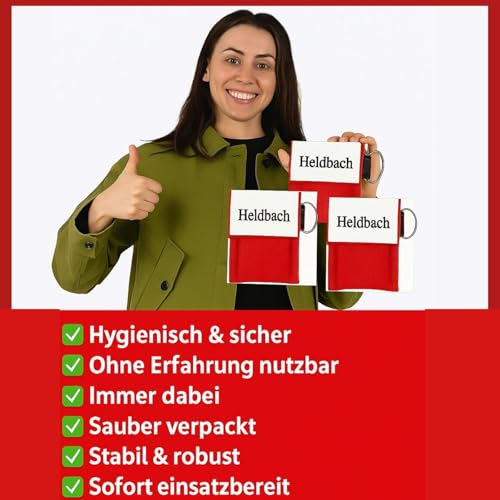 Heldbach® Beatmungsmaske Erste Hilfe Schlüsselanhänger – 20 Stück CPR Beatmungstuch mit Einweg-Ventil & Ohrschlaufen – Rot, latexfrei, einweg – Mund-zu-Mund Beatmung Schutz für Notfälle & Training