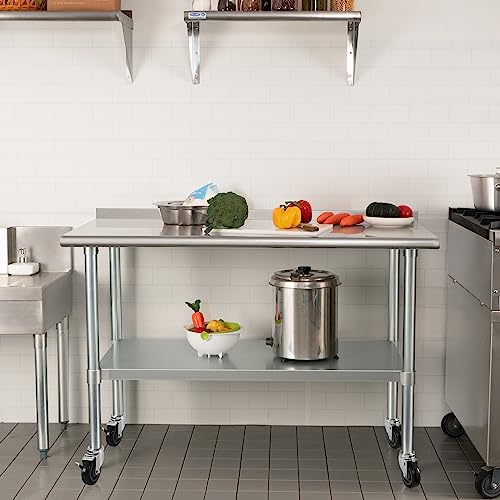 Image of HARDURA Stainless Steel Table 24 x 60 Inches with Wheels Casters NSF Heavy Duty Commercial Prep Table with 2 inch Backsplash and Adjustable Undershelf for Restaurant Kitchen Home and Hotel