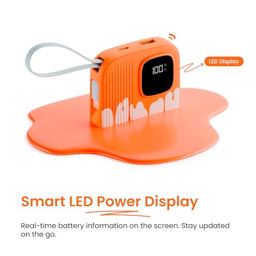 Image of Armor Scoop Power Bank 10000mAh Fast Charging 22.5W | 2 Built-in Cables | 2 Output Ports | Type C Input & Output | Supports Android, Apple, Tablets, Earbuds, Watch | 5 Layer Protection (Orange Burst)