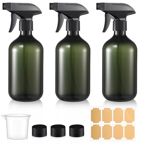 saerryor 3 Pack 500ml Spray Bottles with 25ml Plastic Beaker & 8 Labels, Refillable Fine Mist Water Sprayer Leakproof Seal Cap for Cleaning, Hair, Plants, Gardening