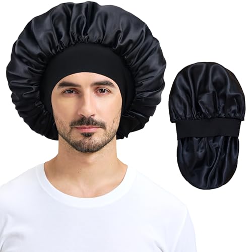 Silk Bonnet for Men Women Satin Hair Bonnets for Sleeping Double Layer Large Unisex Sleep Cap for Curly Hair Braids Reversible Hair Cap with Wide Band
