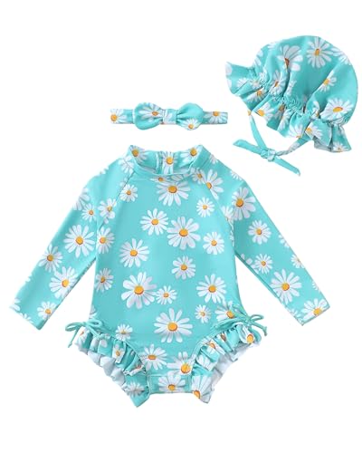 Image of Renotemy Baby Girls Swimsuit Drawstring Zip Bathing Suit Long Sleeve One-Piece Rash Guard Swimwear with Hat for Infant Girl