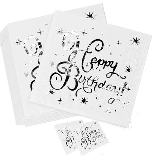 40 Stück Servietten Silber Happy Birthday, 25x25cm Paper Napkins, Geburtstag Tischdeko, Servietten Silber Deko Geburtstag für Junge Mädchen Party