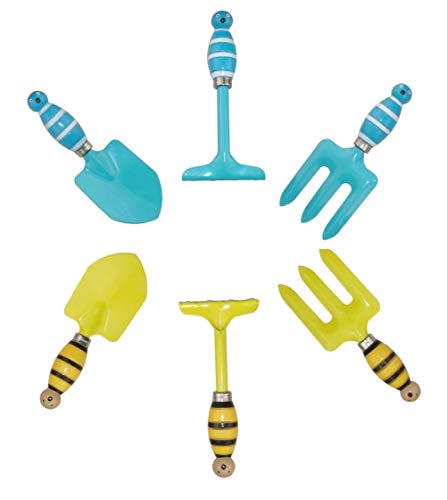 MTB Kids Gardening Tool Sets Strip Bee Handle, Pack of 2 Sets (Blue+ Yellow), Kids Garden Tool Set Kit for Children, Beach Sand Play Tool, Sandbox and Soil Hand Tool Birthday Gifts Party Favors