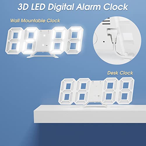 Gvtufeil 3D Led Digital Alarm Clock Easy Read, 9.1" Modern Design Led Wall/Desk Clocks With Alarm, Multi-Levels Brightness, Time, Date, Thermometer, Nightlight For Kitchen Bedroom Office (White) #TOP5