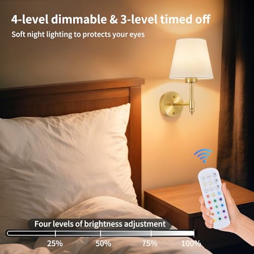Image of Battery Operated Wall Sconce Set of 2, Rechargeable Wireless Wall Lights with fabric Lampshade, 5200mAh Dimmable Bulbs with Remote,15 Colors Wireless Wall Lamps for Bedroom Living Room Hallway Decor