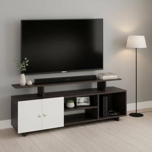 Image of FURNEASER Eskido Engineered Wood TV Entertainment Unit, Floor Standing TV Cabinet with Storage Shelves for Living Room, TV Stand for 32,43,50 & 55 Inch TV (Exotic Teak & White) (Wenge & White)