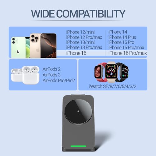 Image of UNIGEN Magtec 330 Wireless Charging 3 in 1 Magsafe Charger for Apple iPhone 17 /16 /16 Plus /16 Pro /16 Pro Max,15 /15 Plus /15 Pro /15 Pro Max,14 /13 /12 Series, AirPods 3rd /2nd, Series 9 /8 /7 /6 /5 /4 /SE-Black