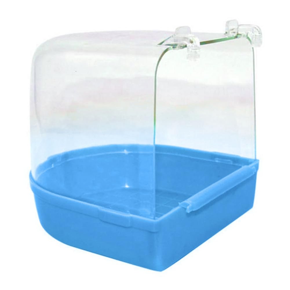HshDUti Bird Bath Tub, Hanging Bathtub Bird Cage Supplies with Hooks, Water Shower Transparent Box Food Feeder Holder Tray for Small Birds, Canary, Budgies,Parrot 13X14X13cm Blue
