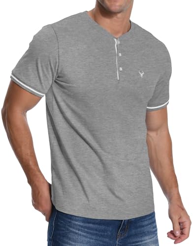 KUYIGO Camiseta Henley bordada de manga corta para hombre, informal, deportiva, tejida, gris claro, L