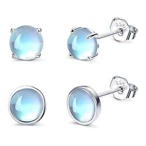JeweBella 2 Paar 6MM 925 Sterling Silber Mondstein Ohrstecker Set für Damen Mädchen Hypoallergene Ohrringe Set Runde Edelstein Ohrstecker Ohrringe Schmuck Geschenke Cover