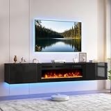 OneBlis 80'' Floating TV Stand with 40' Electric Fireplace, Wall Mounted Entertainment Center with Storage for TVs up to 90', Adjustable 12-Color LED Lights Media TV Console for Living Room
