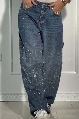 Women's Casual Rhinestone Loose Jeans, High Waisted Rhinestone Jeans for Women, Boyfriend Baggy Wide Straight Leg Denim Pants2
