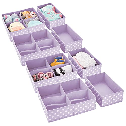 Image of mDesign Soft Fabric Dresser Drawer and Closet Storage Organizer Set for Baby, Child/Kids Bedroom, Nursery, Playroom, Closet Organization - 5 Compartments, 8 Piece Set- Light Purple/White