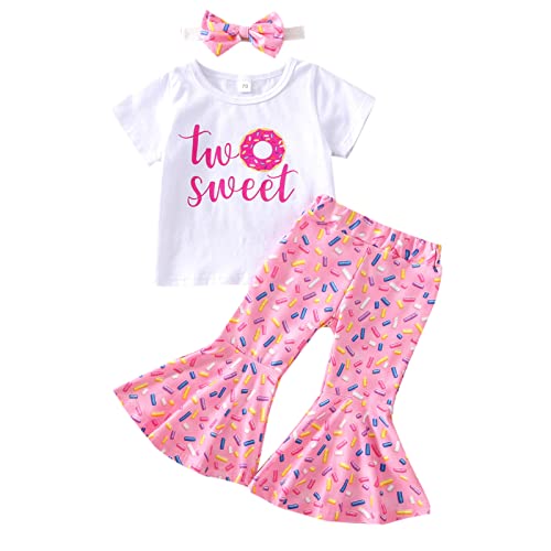 Ledy Champswiin Summer Toddler Girl Clothes Two Sweet Birthday Outfits Short Sleeve Donut Tops Bell-bottoms Flared Pant Sets 3PCS (Pink Bell-bottom Sets, 2-3T)