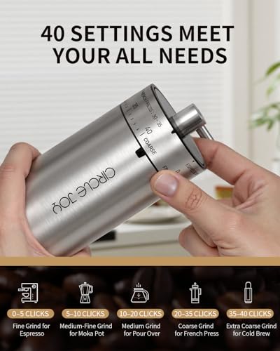 Image of CIRCLE JOY Manual Coffee Grinder with 40 External Adjustable Settings, Stainless Steel Burr Coffee Bean Grinder, Portable Hand Coffee Grinder for Home and Travel, Silver