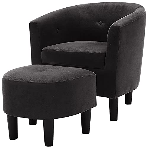 Devion Furniture 57" H Transitional Polyester Fabric Upholstered Button Tufted Accent Chair with Ottoman, Easy Assembly, for Living Room/Home Office, in Dark Gray & Black Finish