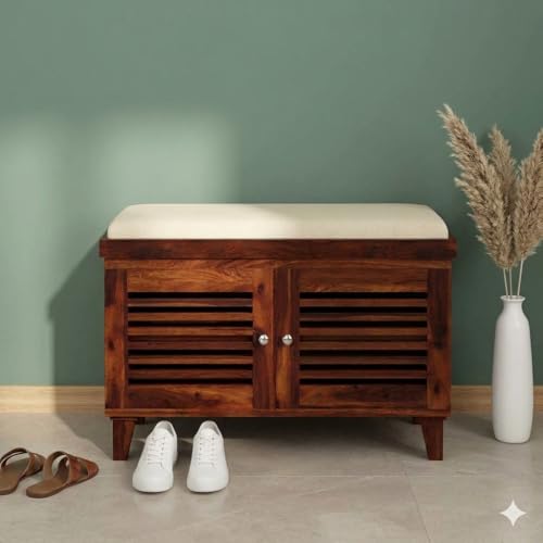 Image of Amazon Brand - Solimo Giljan Solid Sheesham Wood Shoe Storage Cabinet with Seating Bench, Honey Finish, 2 Doors