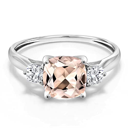 Gem Stone King 10K White Gold Peach Morganite and Moissanite 3 Stone Engagement Ring For Women (1.56 Cttw, Cushion 7MM, Gemstone October Birthstone)