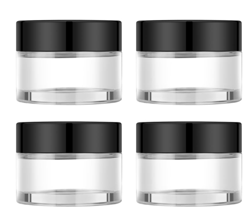 TECOHOUSE Small Glass Jars with Lids 1oz Jars with Black Lids and Stickers Reusable Empty Mini Container for Creams Lotion Cosmetics - Pack of 4