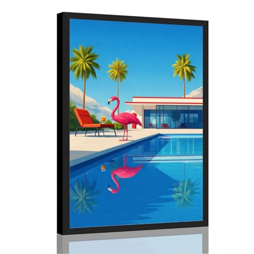 Framed Flamingo Poolside Summer Poster Canvas Print Art Modern Trendy