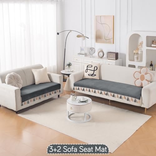 Image of HOKIPO Premium Holland Velvet Sofa Cover Mat with Tassel 5 Seater(3+2) | 'TasselTone Series' | Graphite Grey (IN-1108+1106-DGRY)