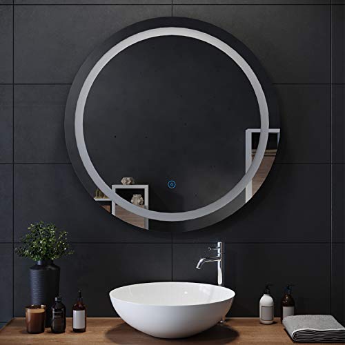 Illuminated Round Bathroom Mirror With Centre Lights Wall-Mounted With Demister Pad Lighting Touch Switch 800x800mm White Light Modern Bathroom Vanity Mirror