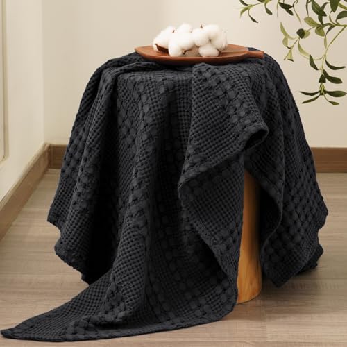 Image of PHF 100% Cotton Waffle Throw Blanket for Couch, Lightweight Breathable and Soft for Summer, Luxury Aesthetic Waffle Weave Blanket for Home Decor & Office, Gifts for Women, 50 inchx60 inch, Black
