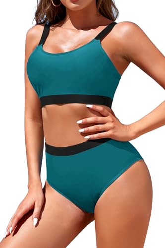 Image of Womens High Waisted Bikini Sets Sporty Crop Top Color Block Swimwear Bandeau Scoop Neck Vintage Two Piece Bathing Suits
