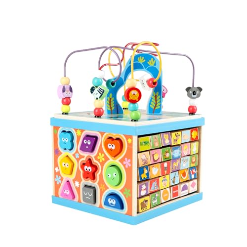 Qilay Wooden Activity Cube for Toddlers, 5 in 1 Multipurpose Abacus Early Educational Montessori Toys, Learning Toys for Kids | Bead Maze, Great for Boys Girls
