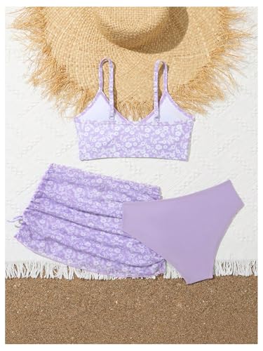 Image of COZYEASE Girls' 3 Piece Set Floral Print Bikini Swimsuit with Drawstring Beach Skirt Cute Ruched Bathing Suit