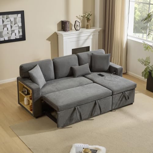 L-Form Schlafsofa Ecksofa Ausziehbar mit Schlaffunktion, Bettkasten & Regal, Dunkelgrau – Platzsparendes Sofa für kleine Wohnungen & Jugendzimmer, bis zu 4 Sitzplätze, Stauraum und USB-Anschluss