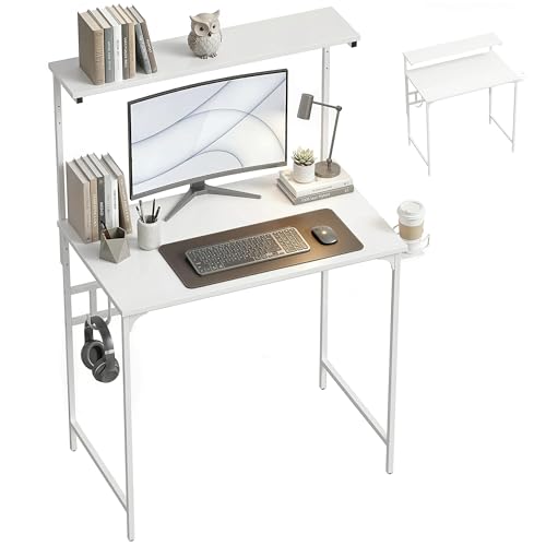 HOMCOM Computer Desk, 80cm Home Office Study Table with Adjustable Tabletop Shelf, Cup Holder, Headphone Hook, Metal Frame, Space Saving Writing Desk, White