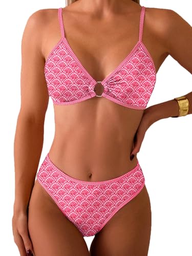Image of Fanuerg Women's Triangle Bikini Sets O Ring Linked Two Piece Swimsuits Floral Printed Cheeky Bathing Suit