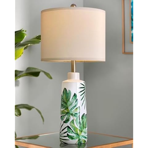 PoKat 28'' Green Table Lamp for Living Room - Modern Ceramic Living Room Lamp for Night Stands, Farmhosue Bedside Lamps, Tall Table Lamp for Bedroom, White and Green Leaf Cover