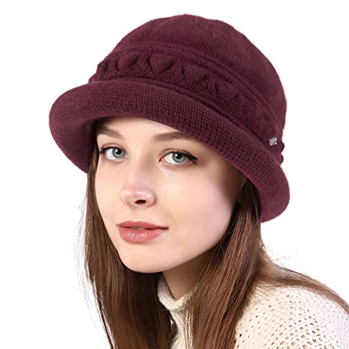 Women Winter Knit 1920s Vintage Bucket Bowler Hat Round Brim Warm Hat with Pearl, Wine Red, One Size