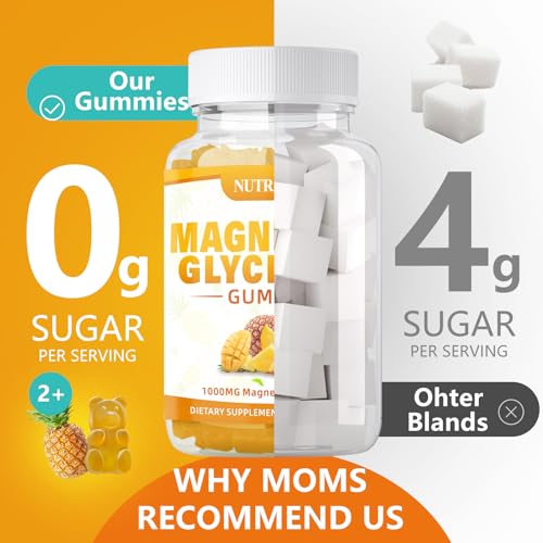 Magnesium Glycinate Gummies 1000mg with Magnesium L-Threonate,Chelated Magnesium Potassium Complex Supplement with VitD, B6, CoQ10, Calcium,Supports for Memory, Calm, Mood - 90 Mango pineapple Gummies
