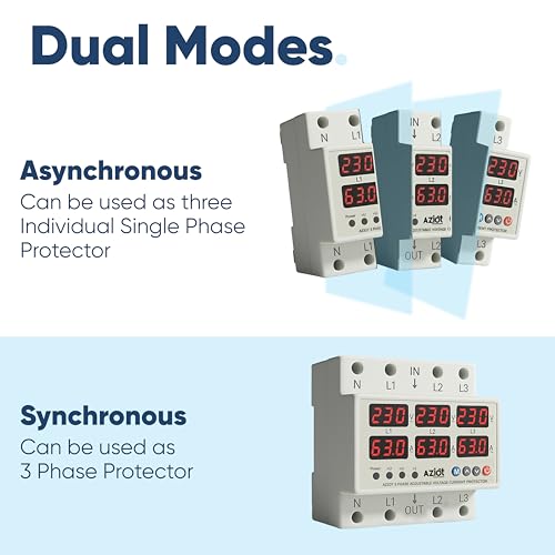 Image of AZIOT 3-Phase Automatic Over /Under Voltage Protector 63A, 230VAC - Overcurrent, Phase-Loss & Imbalance Protection With Auto-Reconnect Function