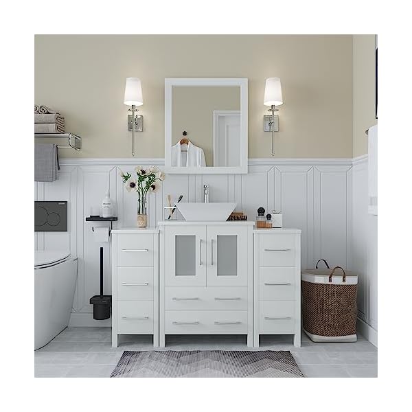 Vanity Art 48 Inch Single Sink Bathroom Vanity Compact Set 3 Cabinets 1 Shelf 8 Dove-Tailed Drawers Engineered Marble Top and Ceramic Vessel Sink Bathroom Cabinet with Free Mirror VA3124-48-W