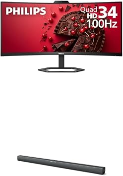Philips 34" UltraWide QHD Monitor with Windows Hello Webcam, USB-C Docking & 60W 2.0 Channel Soundbar with Bluetooth